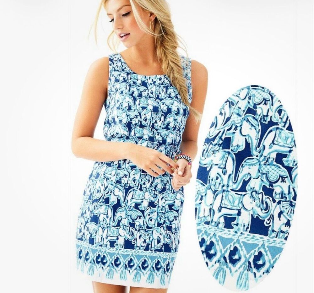 Lilly Pulitzer Cathy Bomber Blue Get Trunky Elephant Shift Dress sz 14 cotton